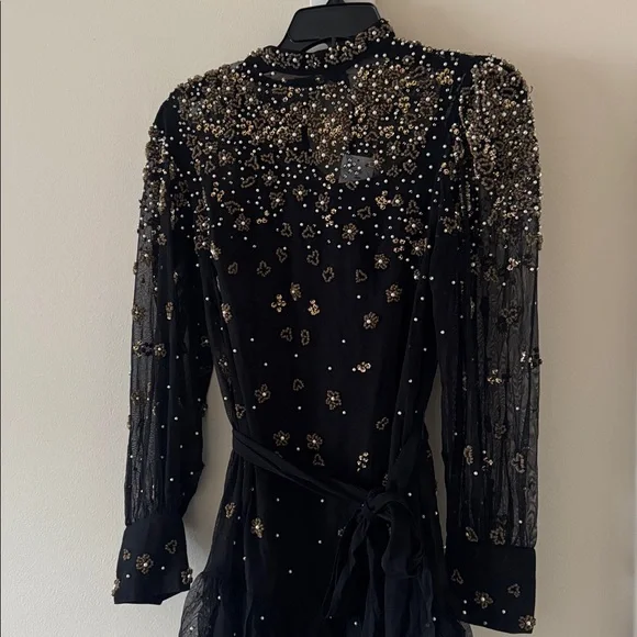 FARM RIO Black Embroidered Tulle Overlay Belted Long Sleeve Mini Dress,Small,398 - Picture 13 of 16